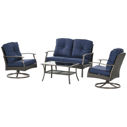 4 PCS Patio PE Rattan Wicker Sofa Set Outdoor Conversation Furniture w/ Two Tier Tea Table &; Cushions, Navy Blue - Gallery Canada