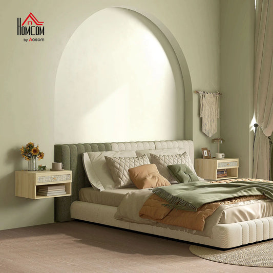 Floating Nightstand Set of 2, Wall Mounted Bedside Table with Drawer, Natural Wood