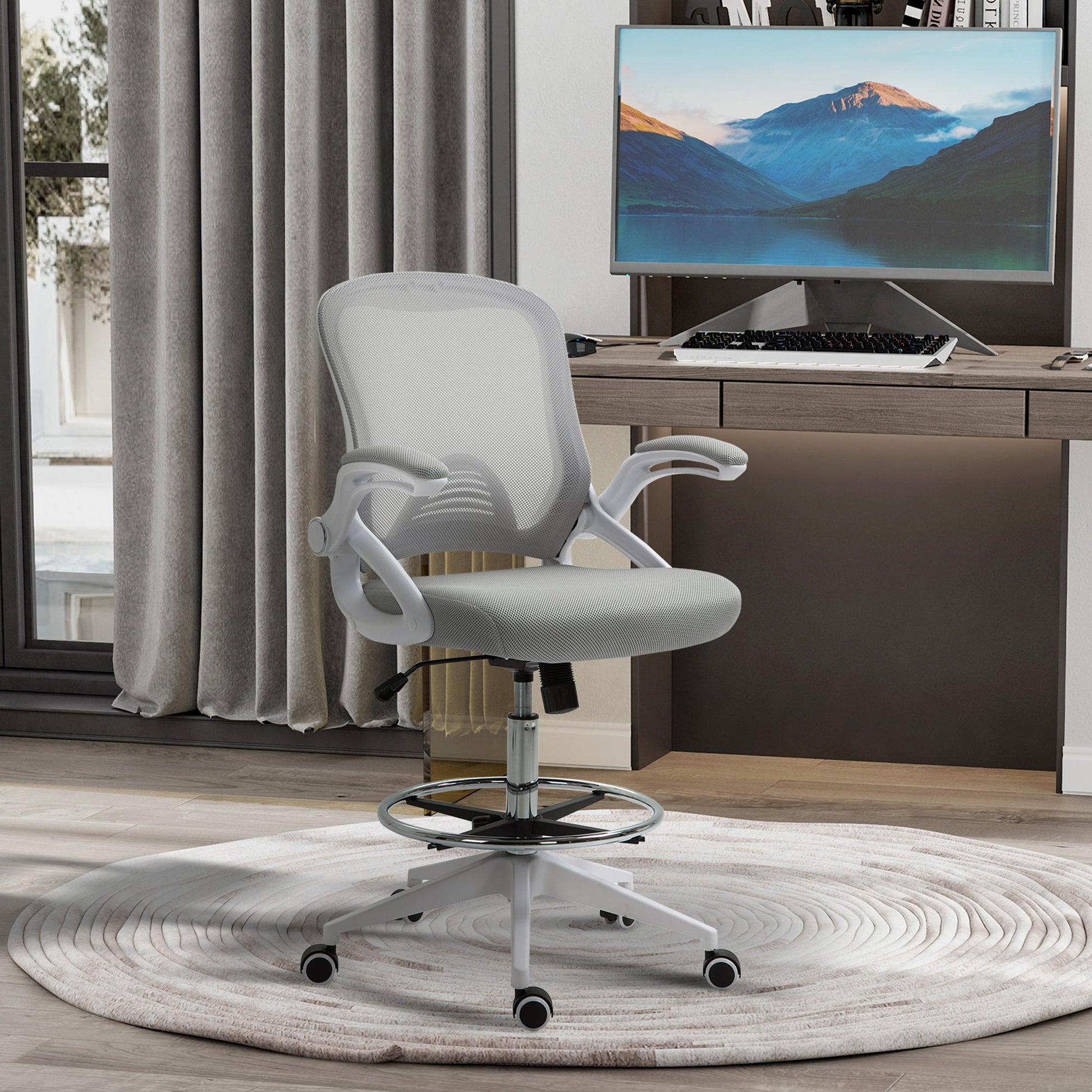Height-Adjustable Tall Office Chair, Drafting Chair with Flip-Up Armrest, Footrest Ring, Swivel Wheels, Light Grey at Gallery Canada