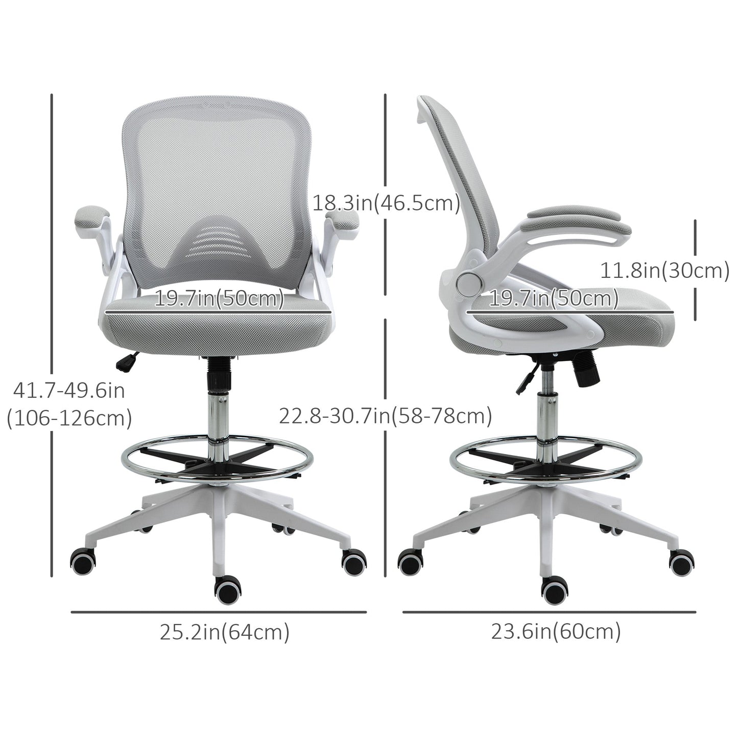 Height-Adjustable Tall Office Chair, Drafting Chair with Flip-Up Armrest, Footrest Ring, Swivel Wheels, Light Grey at Gallery Canada