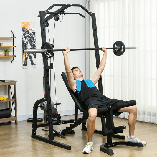 Smith Machine, Power Cage w/ Adjustable Bench, Barbell Bar, Cable Pulley, 15-Level Squat Rack Power Towers Black at Gallery Canada