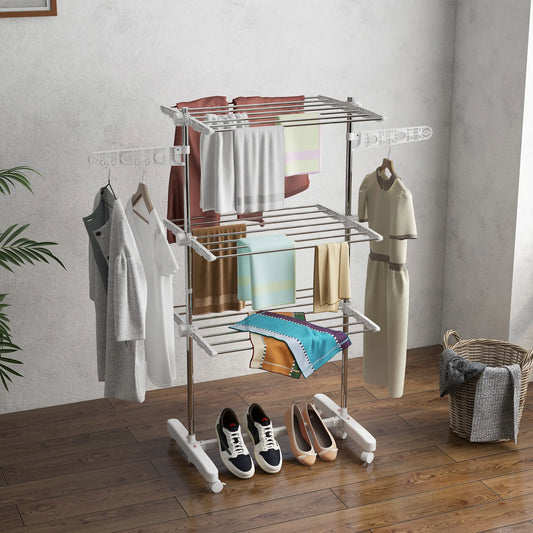 3-Tier Foldable Clothes Drying Rack, Stainless Steel, White Bath Accessories Silver and White at Gallery Canada