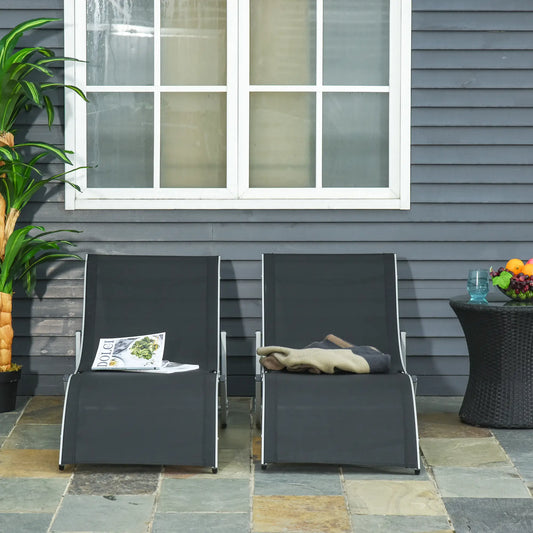 Foldable Pool Chaise Lounge Chairs Set of 2, 264lbs Capacity, Black Lounger Chairs Silver White Frame, Black Cloth at Gallery Canada