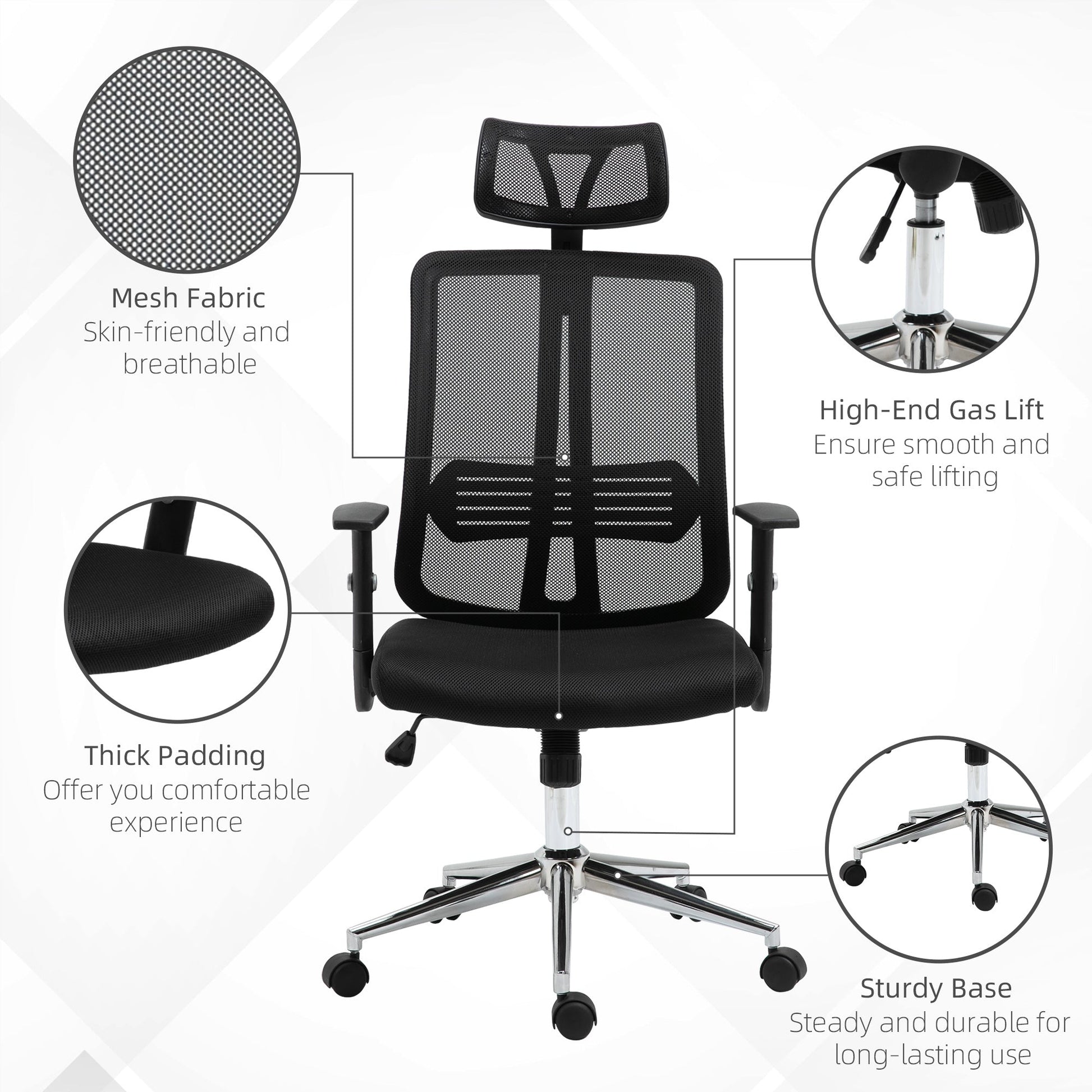 High Back Mesh Chair Office Task Chair with Adjustable Height, Headrest, Arm, Lumbar Back Support, Black - Gallery Canada
