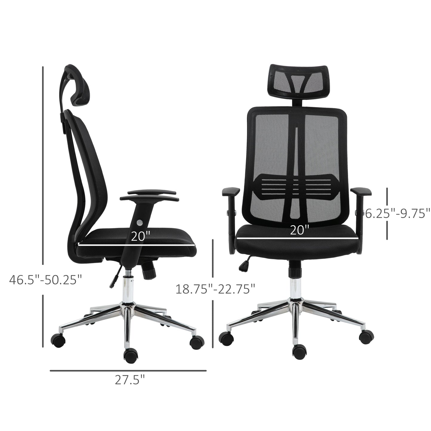 High Back Mesh Chair Office Task Chair with Adjustable Height, Headrest, Arm, Lumbar Back Support, Black - Gallery Canada
