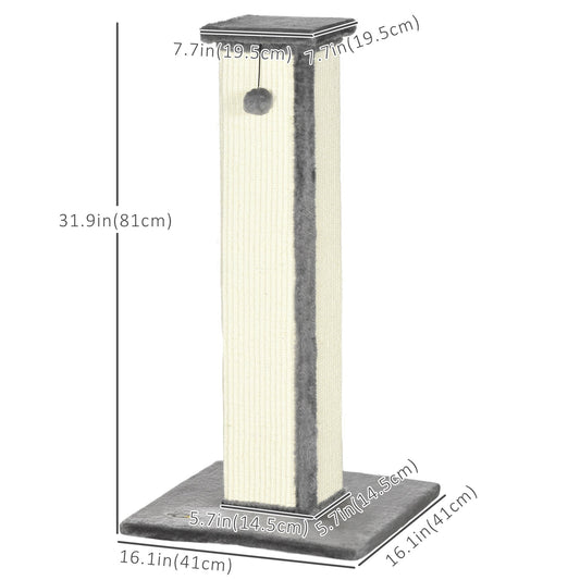 32" Tall Cat Scratching Post for Indoor Cats and Kittens, Sisal Cat Scratcher with Hanging Ball Soft Plush, Grey - Gallery Canada