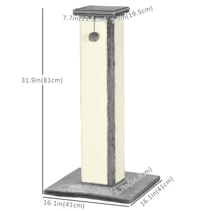 32" Tall Cat Scratching Post for Indoor Cats and Kittens, Sisal Cat Scratcher with Hanging Ball Soft Plush, Grey at Gallery Canada