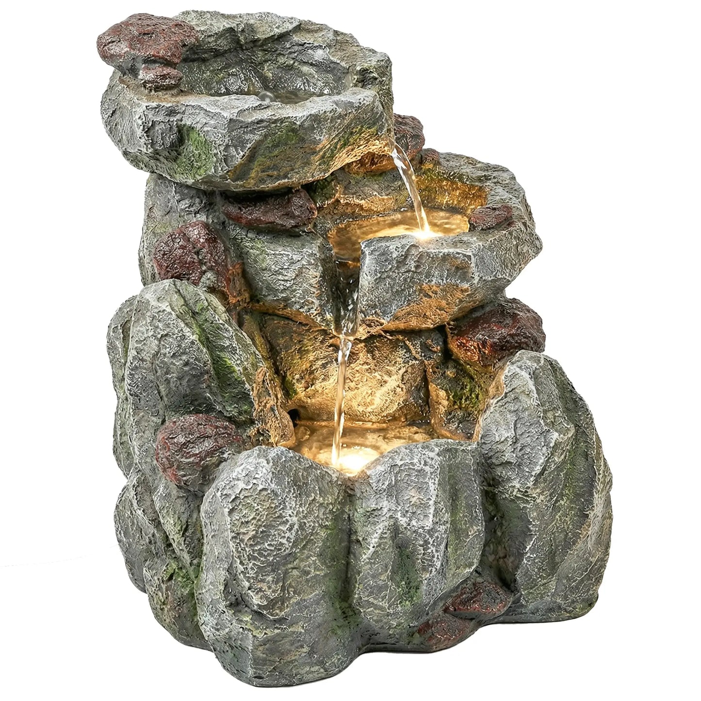 Outdoor Fountain, LED Lights, Adjustable Flow, 3-Tier, Rustic Rock Look, Grey Water Fountains at Gallery Canada