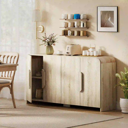 62" Sideboard Buffet Cabinet, Modern Kitchen Storage, Natural Wood