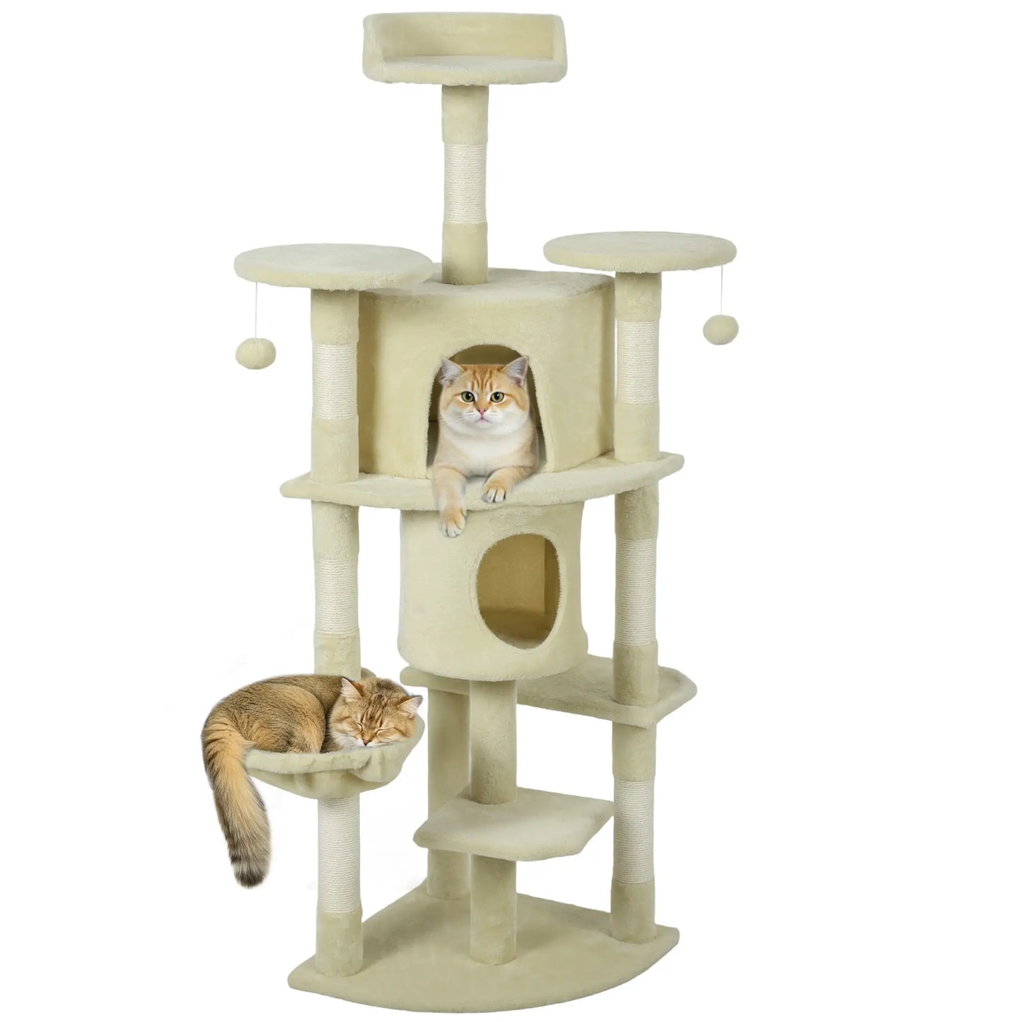 62" Cat Tree, Scratching Post, 2 Condos, Hammock, Perches, Beige