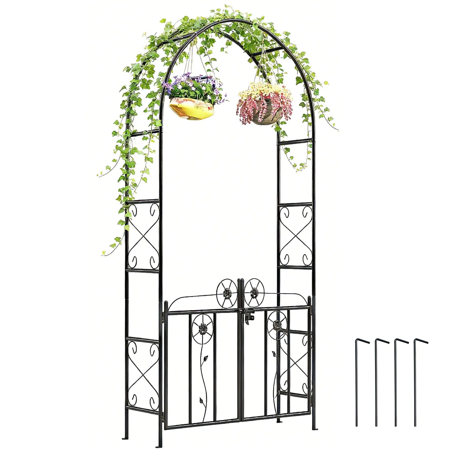7.4 ft Garden Arch, Outdoor Trellis Arbor With Gate, Black Garden Arches at Gallery Canada