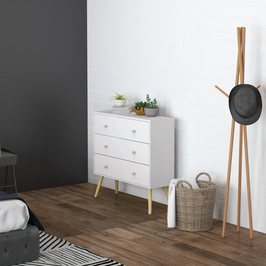 Commode, 3 tiroirs, pieds en bois massif, organisateur de rangement, blanc