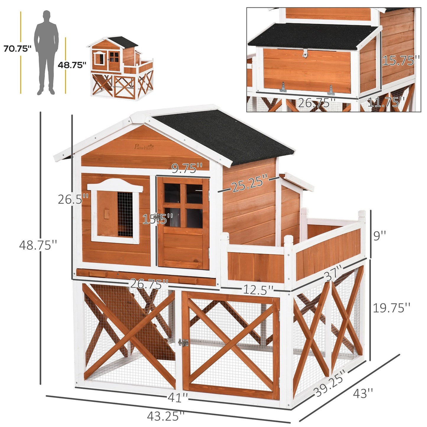 44" Chicken Coop, Wooden Hen Run House, Rabbit Hutch with Nesting Box, Removable Tray, Asphalt Roof, Planting Lattice, Orange at Gallery Canada