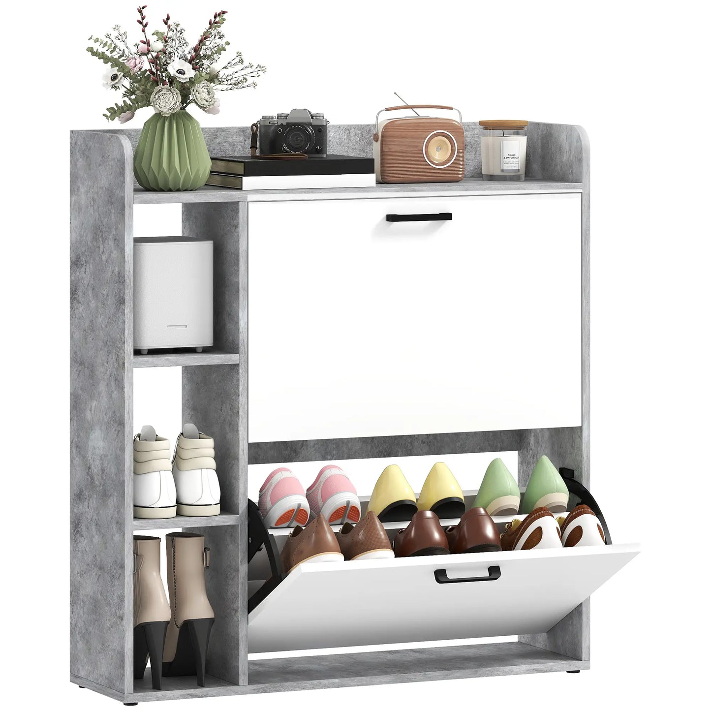 Shoe Cabinet with 2 Flip Drawers, 3 Side Compartments, Adjustable Shelves, 8-12 Pairs for Entryway Hallway, Grey Shoe Storage Cabinets & Racks at Gallery Canada