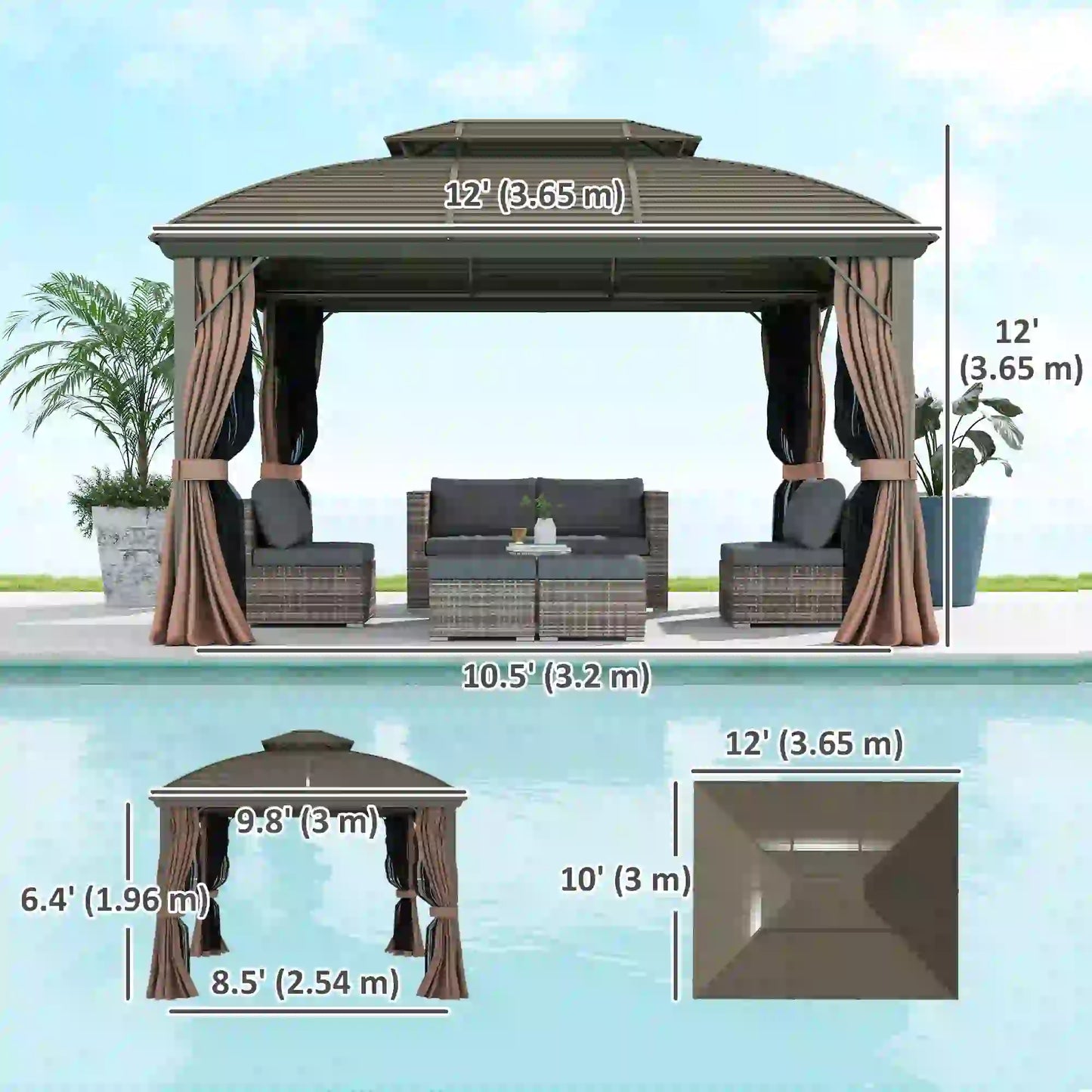10' x 12' Hardtop Gazebo, Double Roof, Netting, Curtains, Garden, Backyard Gazebos at Gallery Canada