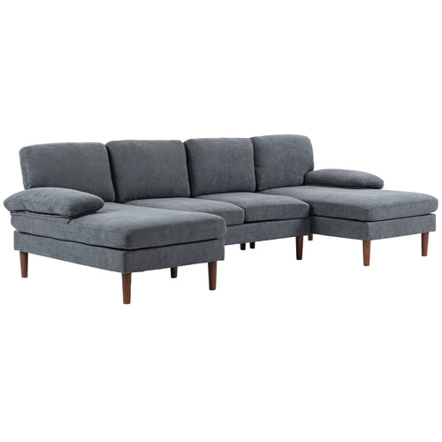 U Shape Couch with Double Chaise Lounge, Modern 4 Seater Sofa with Wooden Legs, Fabric Sofa for Living Room, Dark Grey