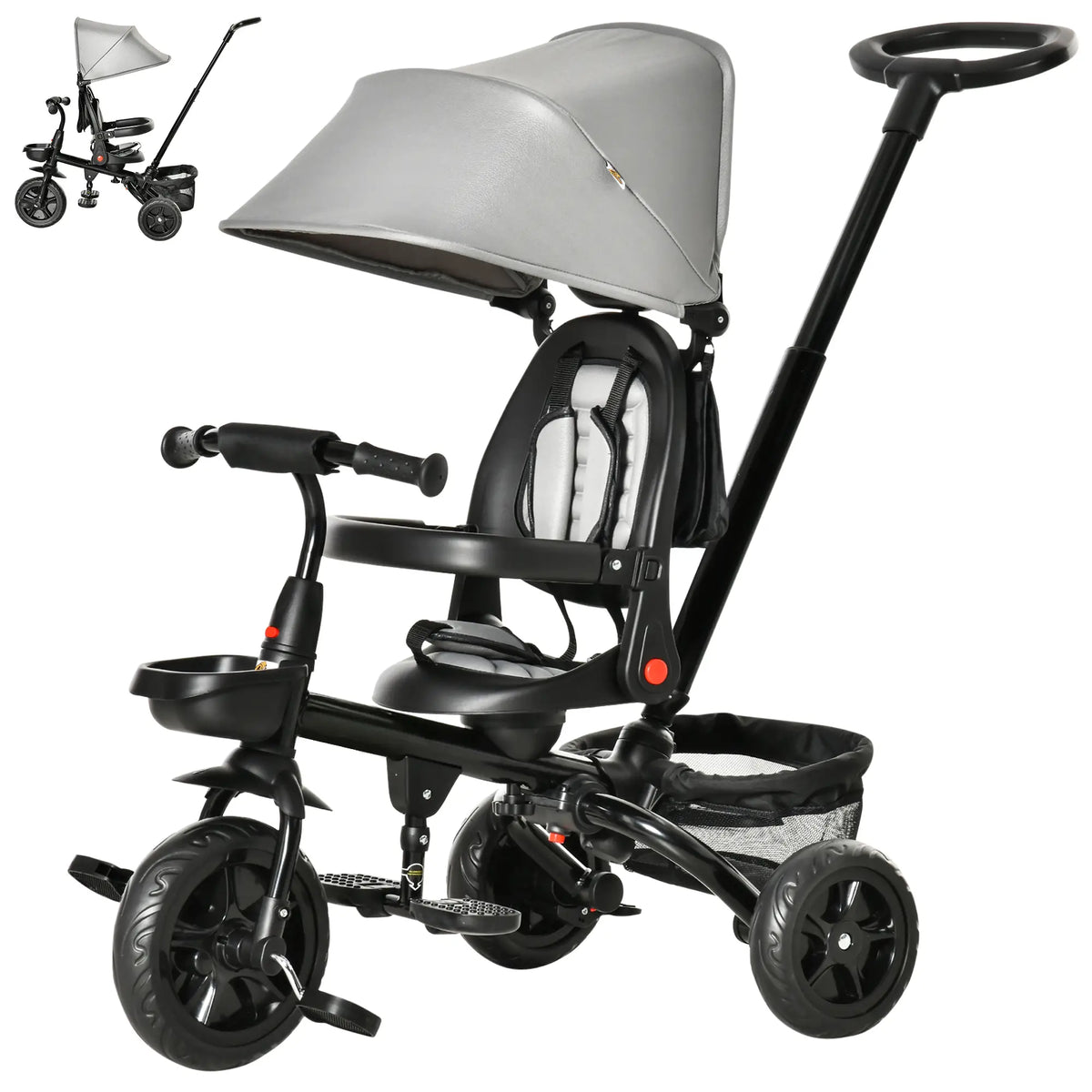 Toddler Tricycle, 4 in 1 Kids Trike, Adjustable Seat, Removable Handle, Grey Tricycles for Kids at Gallery Canada