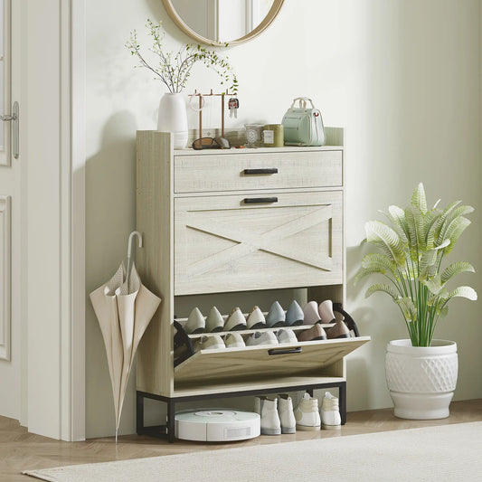 Slim Shoe Storage, 2 Flip Drawers, Adjustable Shelves, 12 Pair, Distressed, White Shoe Storage Cabinets & Racks Distressed White at Gallery Canada