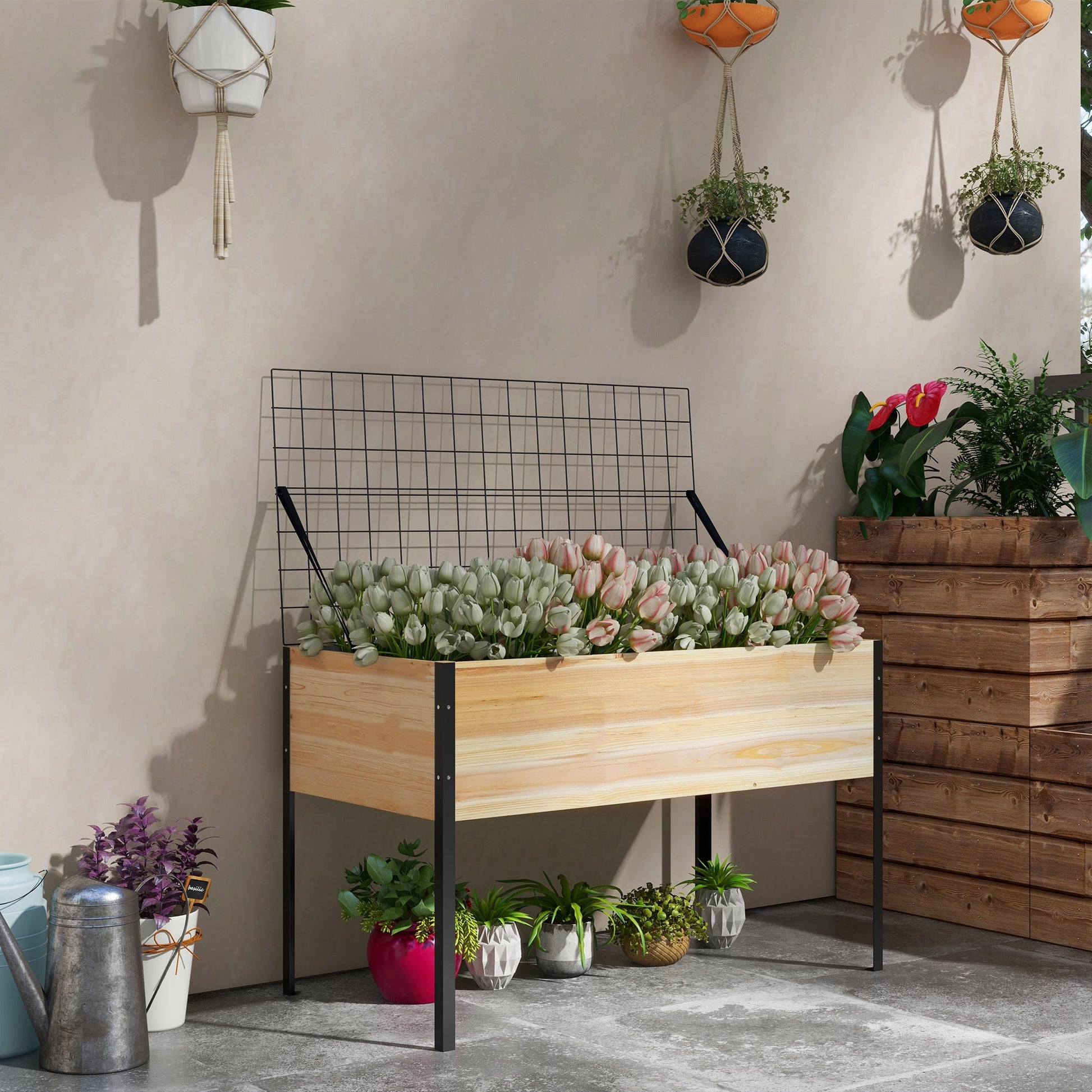 Wooden Planter Box with Metal Legs, Raised Garden Bed with Trellis and Bed Liner, for Vegetables Flowers Herbs at Gallery Canada