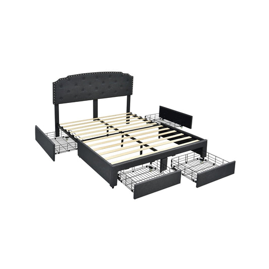 Platform Bed Frame with 4 Storage Drawers Adjustable Headboard-Queen Size, Gray