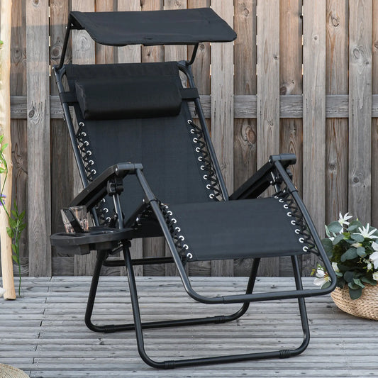 Zero Gravity Reclining Lounger Chair, Canopy Shade, Side Tray, Cupholder, Black Lounger Chairs Black at Gallery Canada