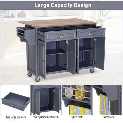 Rolling Kitchen Island on Wheels Utility Cart with Drop-Leaf and Rubber Wood Countertop, Storage Drawers, Door Cabinets, Grey at Gallery Canada