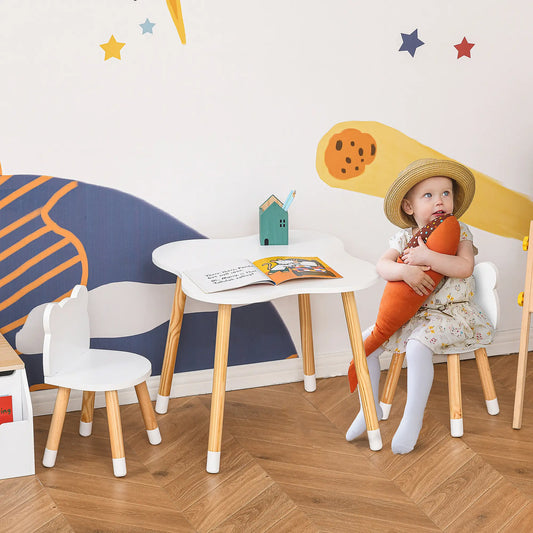 Kids Wooden Table, 2 Chairs Set, Bear Shape, Rounded Corners, White Kids Table Sets White, Natural Wood at Gallery Canada