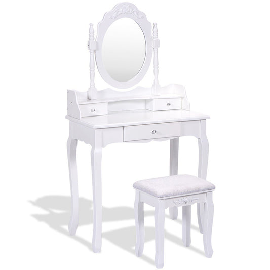 Vanity Table Set with Cushioned Stool with 360° Rotating Oval Mirror and Three Drawers, White at Gallery Canada