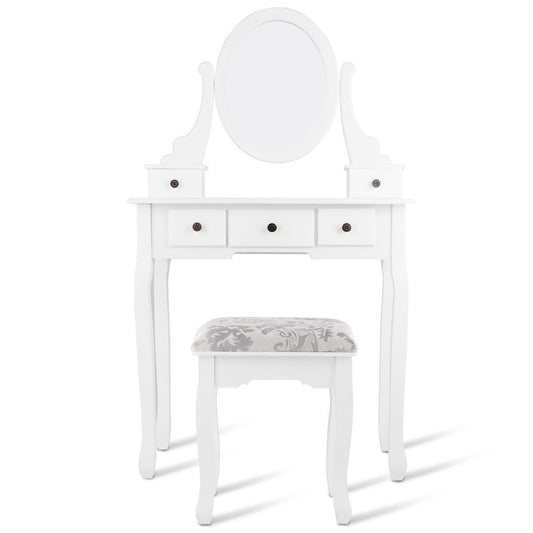 Dressing Table Set with Oval Mirror  Stool and 5 Storage Drawers, White