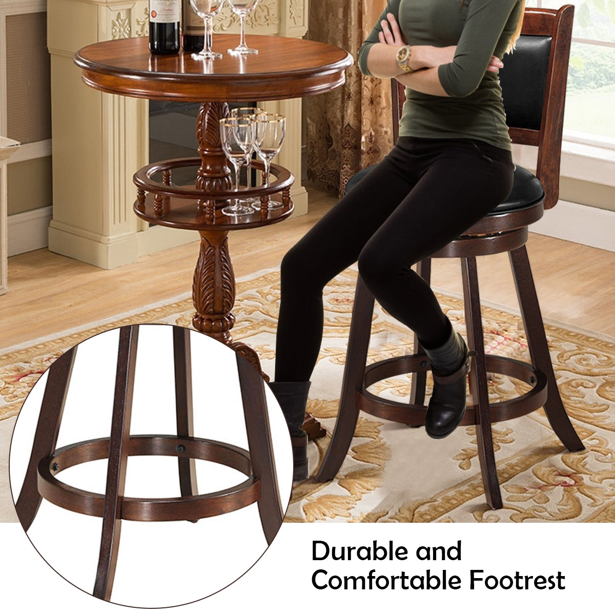 24 Inch Swivel Counter Stool, Upholstered Seat, Brown