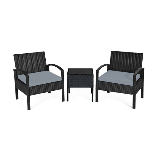 3 Pieces Outdoor Rattan Patio Conversation Set with Seat Cushions, Gray at Gallery Canada