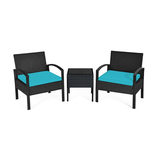 3 Pieces Outdoor Rattan Patio Conversation Set with Seat Cushions, Turquoise at Gallery Canada