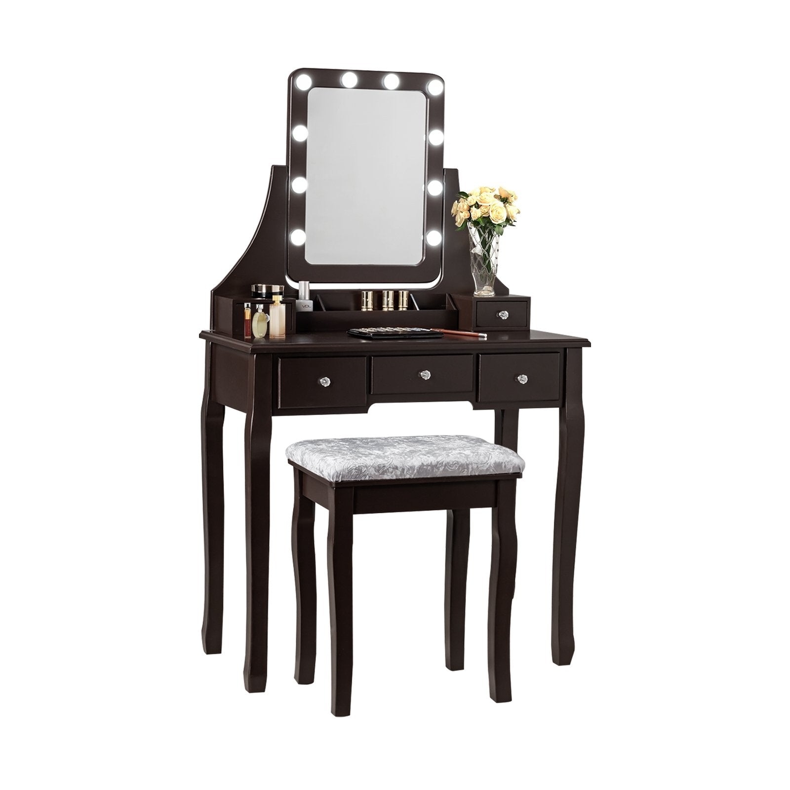 Vanity Dressing Table Set with 10 Dimmable Bulbs and Cushioned Stool, Brown at Gallery Canada
