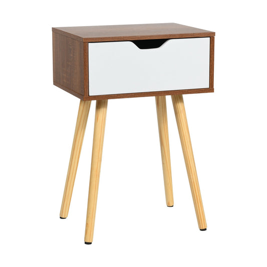 End Side Storage Drawer Nightstand with Solid Wooden Leg, Brown