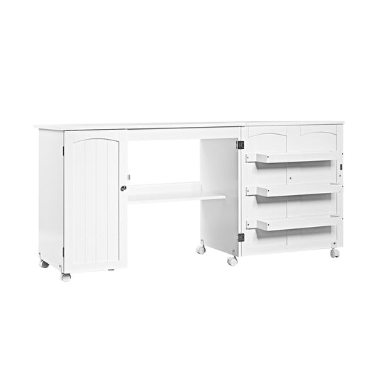 Folding Sewing Table Shelves Storage Cabinet Craft Cart with Wheels, White