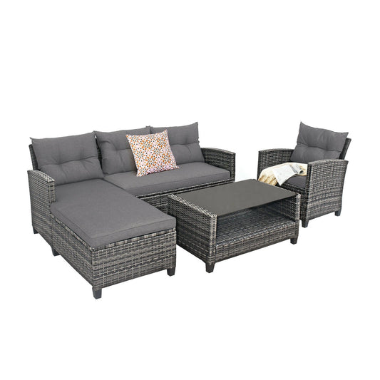 4 Pieces Patio Rattan Furniture Set with Cushion and Table Shelf, Gray