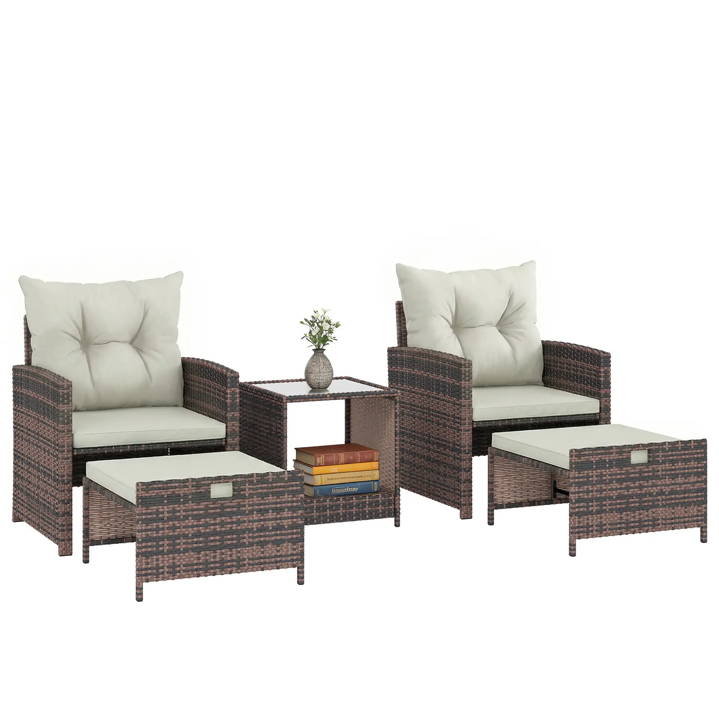 5 Piece Patio Set, Wicker Chairs With Ottomans, Glass Coffee Table, Brown Cream Patio Furniture Sets at Gallery Canada