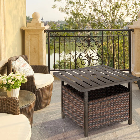 21.75" Outdoor Rattan Coffee Table, Umbrella Hole, Slatted Metal Top, Brown Patio Side Tables Brown at Gallery Canada