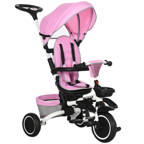 6-in-1 Toddler Tricycle for 12-50 Months, Foldable Kids Trike with Adjustable Seat and Push Handle, Safety Harness, Removable Canopy, Footrest, Pink