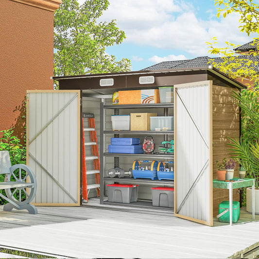 8x4FT Galvanized Metal Garden Storage Shed, Double Doors, 2 Vents, Oak Sheds Oak at Gallery Canada
