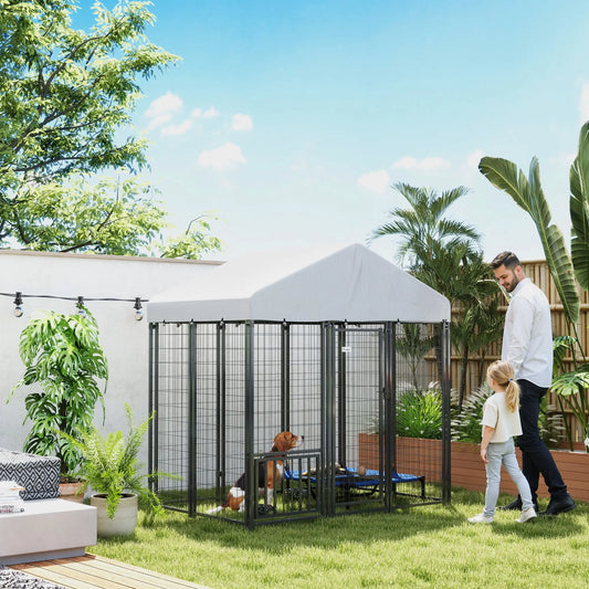 Outdoor Dog Kennel, Waterproof UV-Resistant Cover, Adjustable Feeding Bowls, 5.9 x 4 x 6 ft Houses, Kennels & Pens Silver, Black at Gallery Canada