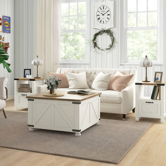 Farmhouse Side Table with Drawer, Open Shelf, White Side Tables White at Gallery Canada