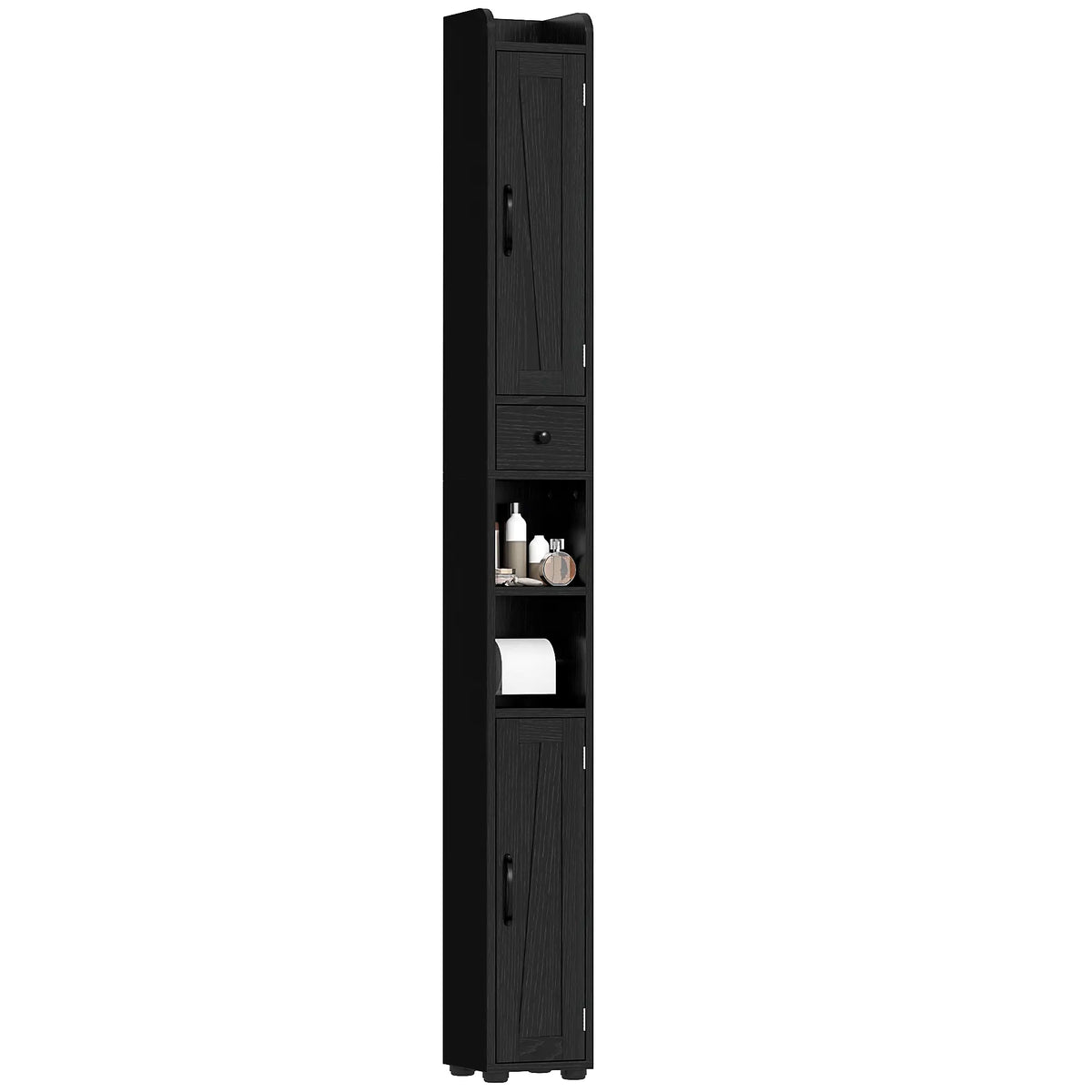 Armoire de salle de bain étroite, grand rangement avec portes de grange, grain de bois, noir