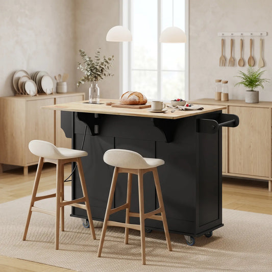 Kitchen Island On Wheels With Drop Leaf, Charging Station, Black Kitchen Islands & Kitchen Carts Black, Oak at Gallery Canada