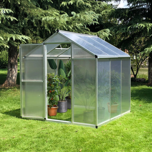 6' x 6' x 6.4' Walk-in Greenhouse, Polycarbonate Panels, Outdoor Walk In Greenhouses Transparent Sheets, Silver Frame at Gallery Canada
