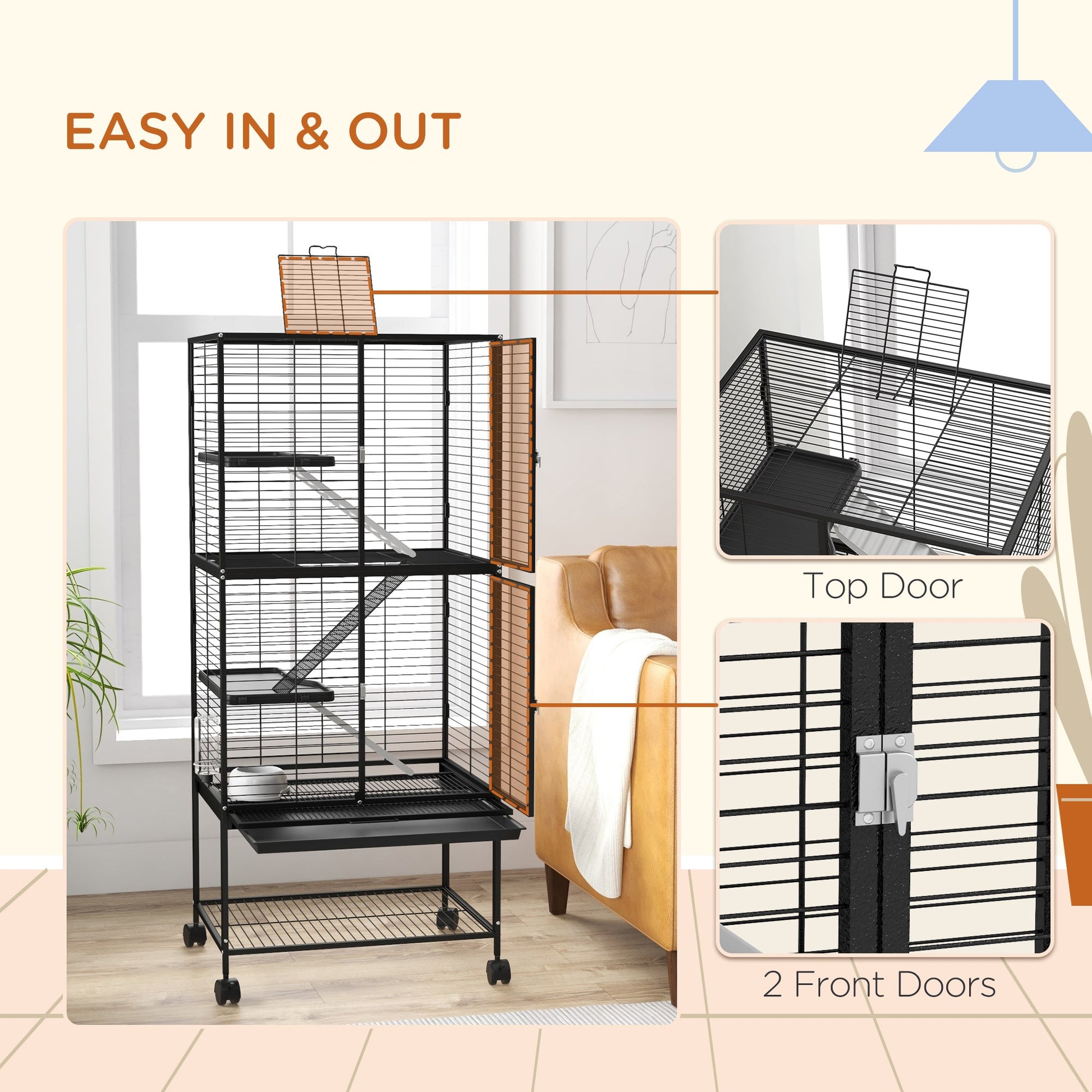 Rolling Small Animal Cage 53.5"H Chinchilla Cage for Ferrets, Squirrels w/ Removable Tray, Storage Shelf, Black at Gallery Canada