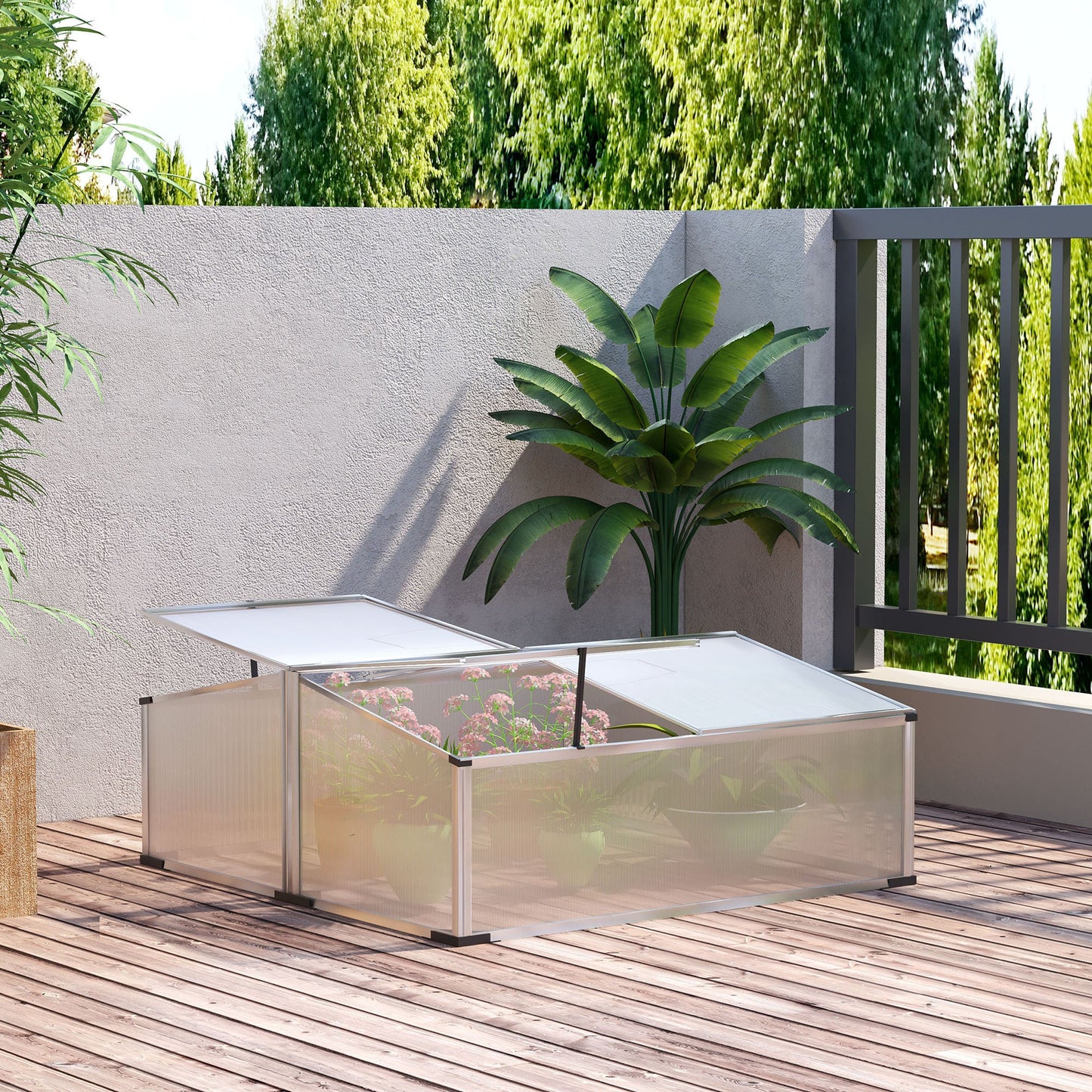 Aluminium Cold Frame Greenhouse Kit Raised Plants Bed Protection with Independent Opening Tops for Flower, Vegetable, Plants, 47" x 39" x 16", Silver at Gallery Canada