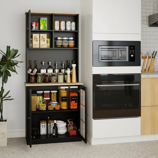 Kitchen Buffet with Hutch, 3 Cabinets, 2 Shelves, Black Kitchen Pantry Cabinets Black and Oak at Gallery Canada
