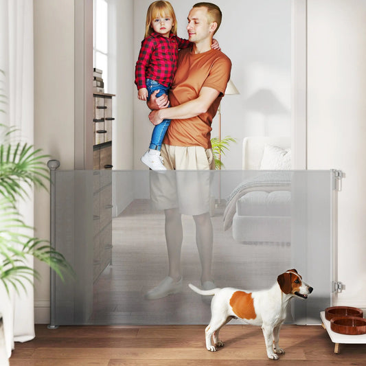 Retractable Dog Gate, 55" Wide, 34" Tall, Indoor Outdoor, Grey Houses, Kennels & Pens Grey at Gallery Canada