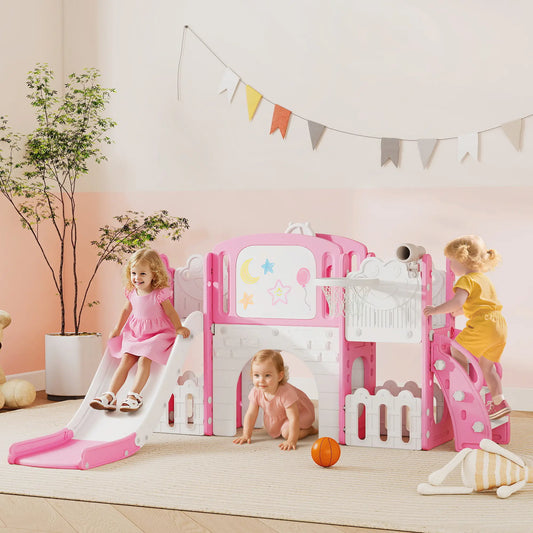 7 In 1 Toddler Slide With Basketball Hoop, Climbing Frame, Telescope, Drawing Board, Storage Box, Pink Gym Sets & Swings Pink, White at Gallery Canada